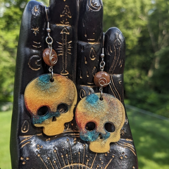 Artisan Jewelry - Fancy Jasper Earrings Beads Resin Skull Silver Wire Wrapped Resin Lightweight